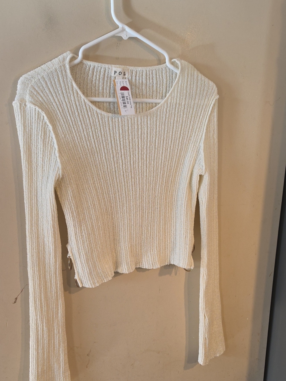 POL Long Sleeve Ribbed Crewneck Top in Cream